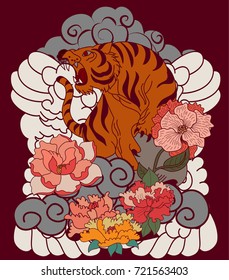 colorful Japanese tiger with flower vector illustration for tattoo style.Traditional Japanese culture for printing and coloring book on background.