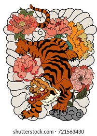 colorful Japanese tiger with flower vector illustration for tattoo style.Traditional Japanese culture for printing and coloring book on background.