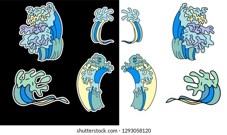 Colorful Japanese wave for sticker on black and white background.