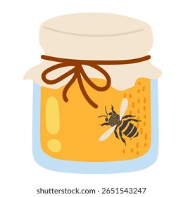 Colorful jar of honey with a decorative bee illustration on a simple background