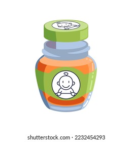 Colorful jar of puree for children cartoon illustration. Cute baby food or product isolated on white background. Complementary food, nutrition concept.