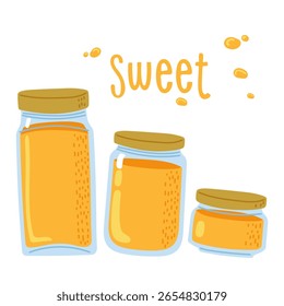 Colorful jars filled with sweet treats on a white background