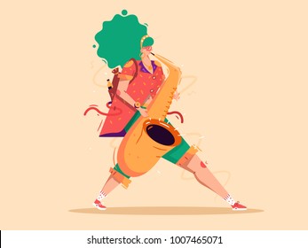 Colorful jazz illustration. Girl walking with saxophone flat isolated vector illustration.