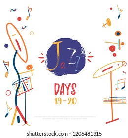 Colorful Jazz Music poster, ticket or program. Hand drawn illustration with brush strokes for jazz festival.
