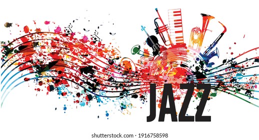 Colorful jazz music promotional poster with musical instruments and notes isolated vector illustration. Artistic abstract background for live concert events, music festivals and shows, party flyer