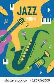 Colorful jazz night poster design template with place for your text. Invitation for music festival. Jazz poster music, musical band invitation illustration. Jazz music instrument background