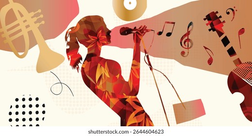Cantor de Jazz Colorido e Instrumentos Musicais Ilustração Vetorial Abstrata	