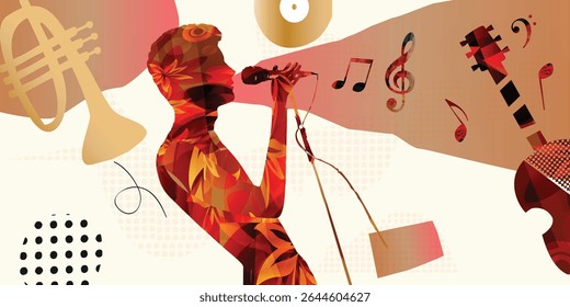 Cantor de Jazz Colorido e Instrumentos Musicais Ilustração Vetorial Abstrata