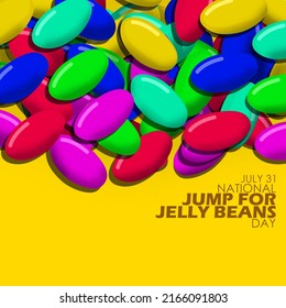 Colorful jelly beans candy with bold text on yellow background, National Jump for Jelly Beans Day July 31