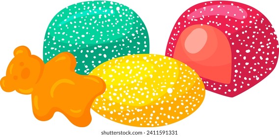 Colorful jelly candies and gummy bear, sweet treats. Assorted chewy candy, confectionery theme. Festive sugary snacks vector illustration.