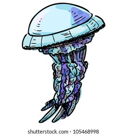 Colorful jelly fish isolated on white background. Hand drawing sketch vector illustration