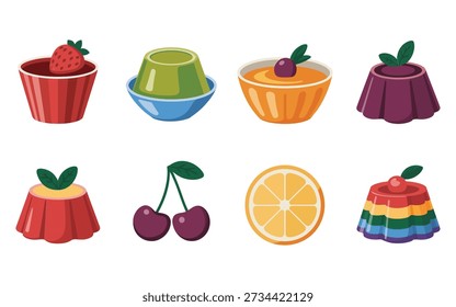 Farbige Gelee- und Fruchtpudding-Vektorsammlung mit Erdbeere, Kirsche, Orange, geschichtete Desserts für Bäckerei, Menüdesign, Kinderpartygrafiken