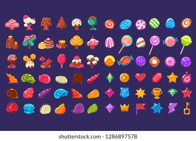 Colorful jelly glossy figures of different shapes, sweet candy land cute fantasy elements, sweets, candies user interface assets for mobile apps or video games vector Illustration