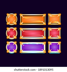 Colorful jelly gui wooden stone ice button with golden medieval border for game ui asset elements