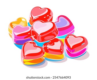 Caramelos en forma de corazón de jalea colorida. Corazones gomosos. Feliz día de San Valentín. Vector aislado ilustración.