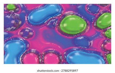 Colorful jelly like blobs background featuring vibrant liquid shapes and an overlaid dotted halftone texture in this playful vector illustration design style.
