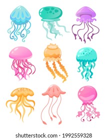 Colorful jellyfish of different shapes vector illustration set. Cute cartoon sea-jellies watercolor collection isolated on white background. Marine animals concept