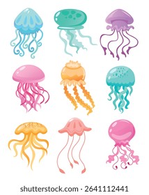 Colorful jellyfish of different shapes vector illustration set. Cute cartoon sea-jellies watercolor collection isolated on white background. Marine animals concept