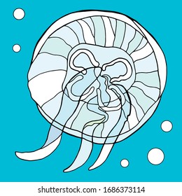 Colorful jellyfish. Hand drawn vector illustration on blue water background. Medusa with bubbles design for cards, print, decoration, package, banners, posters
