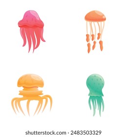 Colorful jellyfish icons set cartoon vector. Various exotic jellyfish. Sea animal