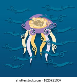 Colorful Jellyfish Isolated On A Blue Background.