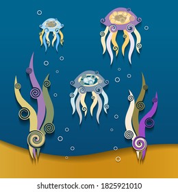 Colorful Jellyfish Isolated On A Blue Background.