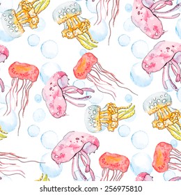 Colorful jellyfish. Sea pattern. Seamless pattern watercolor. Vector.