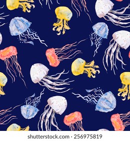 Colorful jellyfish. Sea pattern. Seamless pattern watercolor. Vector.