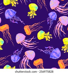 Colorful jellyfish. Sea pattern. Seamless pattern watercolor. Vector.