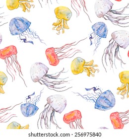 Colorful jellyfish. Sea pattern. Seamless pattern watercolor. Vector.