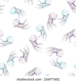 Colorful jellyfish. Sea pattern. Seamless pattern watercolor. Vector.