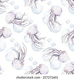 Colorful jellyfish. Sea pattern. Seamless pattern watercolor. Vector.