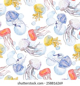 Colorful jellyfish. Sea pattern. Seamless pattern watercolor. Vector.