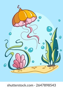 Colorful Jellyfish and Sea Plants in Water