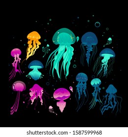 Colorful jellyfish seamless pattern - glowing sea creatures on black background with hand drawn cartoon texture. Blue, pink, green and yellow medusa animals vector illustration