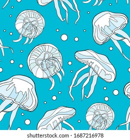 Colorful jellyfish seamless pattern. Hand drawn vector illustration of uderwater inhabitants on blue water background. Medusa with bubbles design for card, print, decoration, package, banner, posters