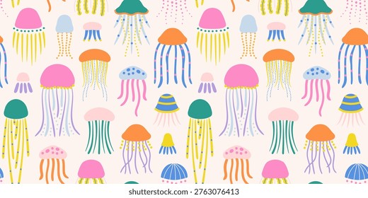 Colorful jellyfish seamless pattern. Summer marine animal background print. Vacation travel surface design. Tropical beach flat cartoon backdrop illustration.