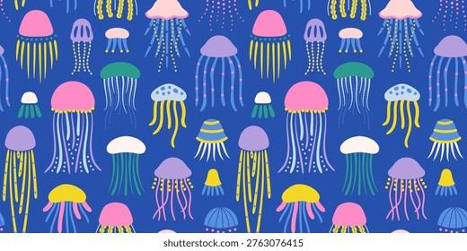 Colorful jellyfish seamless pattern. Summer marine animal background print. Vacation travel surface design. Tropical beach flat cartoon backdrop illustration.