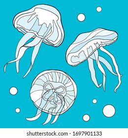 Colorful jellyfish set. Hand drawn vector illustration on blue water background. Medusa with bubbles design for cards, print, decoration, package, banners, posters