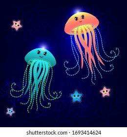 Colorful jellyfish set, isolated swimming marine creatures vector Illustrations. cute cartoon jellyfish and stars