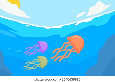 Colorful jellyfish swimming in a bright blue ocean with a clear sky above. Playful and cheerful design, perfect for children’s themes or marine-related content.