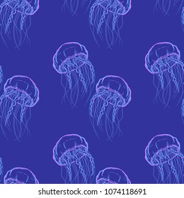 Colorful jellyfish vector seamless pattern, pink and blue on dark blue background