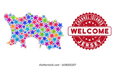 Colorful Jersey Island map composition of stars, and scratched rounded red WELCOME stamp seal. Abstract territory scheme in colorful color tones. Vector Jersey Island map is designed of bright stars.