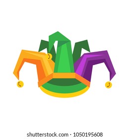 Colorful jester hat with bells flat vector icon isolated on white background. Medieval harlequin costume. Masquerade clothing attribute illustration for costumed party or festival invitation design