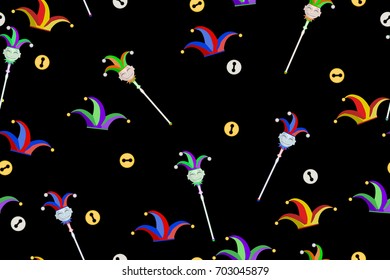 Colorful jester hat and stick, seamless vector texture pattern, horizontal, over white