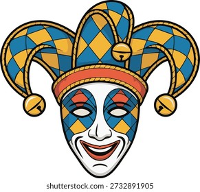 A colorful jester mask on transparent background, symbolizing carnival and theater	