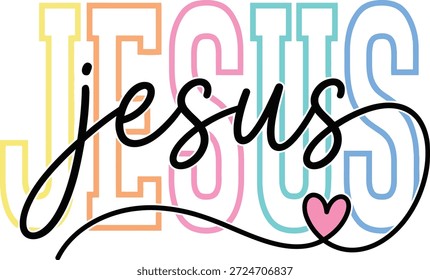 Bunte Jesus Typografie mit Skript und Herz - Christlicher Glaube Word Art Design