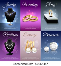 Colorful jewelry realistic banners with necklaces rings earrings diamonds bokeh and light effects isolated vector illustration