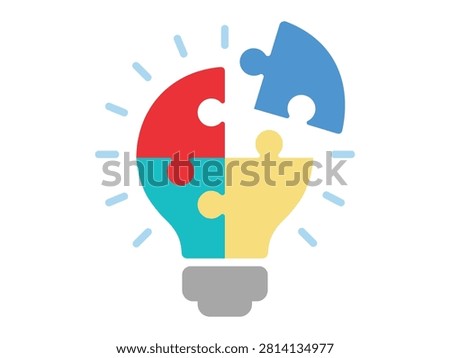 Colorful jigsaw bulb design, four sections with floating piece, idea generation metaphor, business strategy visual.