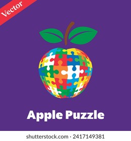 Colorful jigsaw puzzle apple. Vector isolated on purple background.	